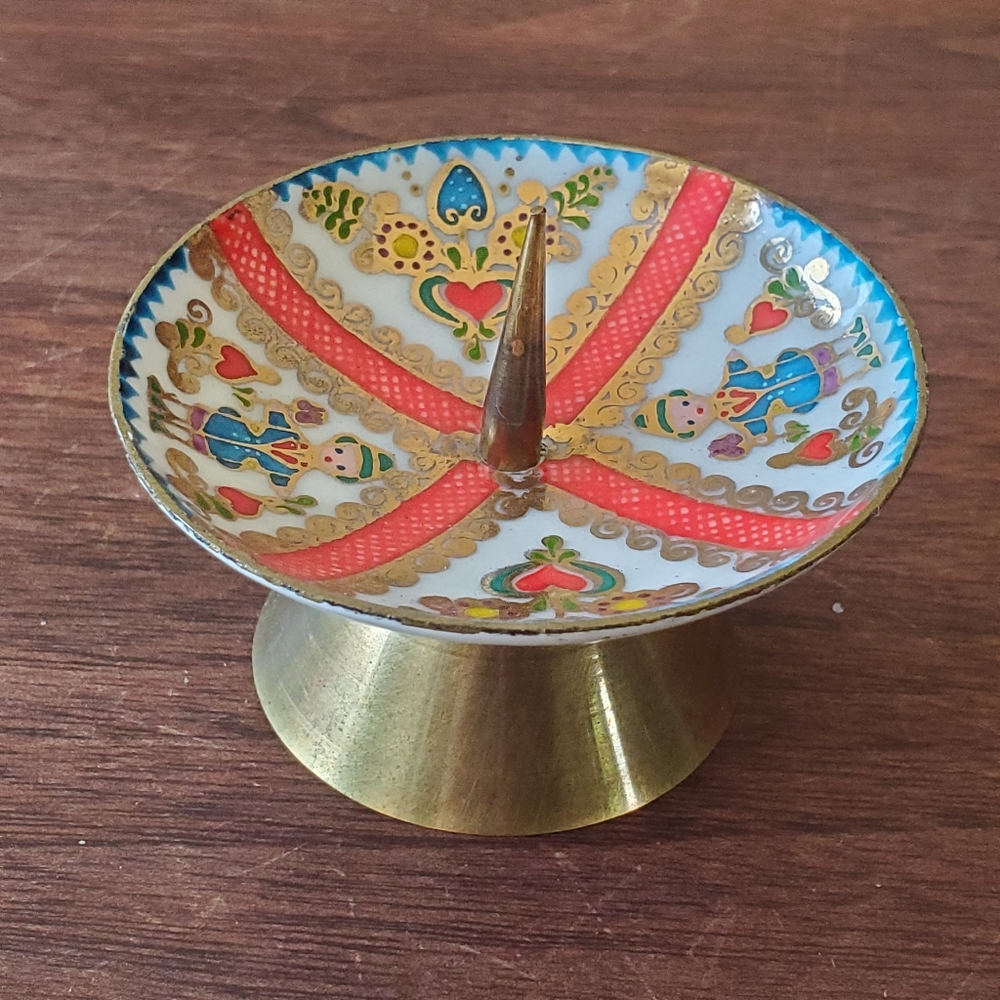 Enamel Brass Candle Holder Hand Made In Austria Vintage Folk Art